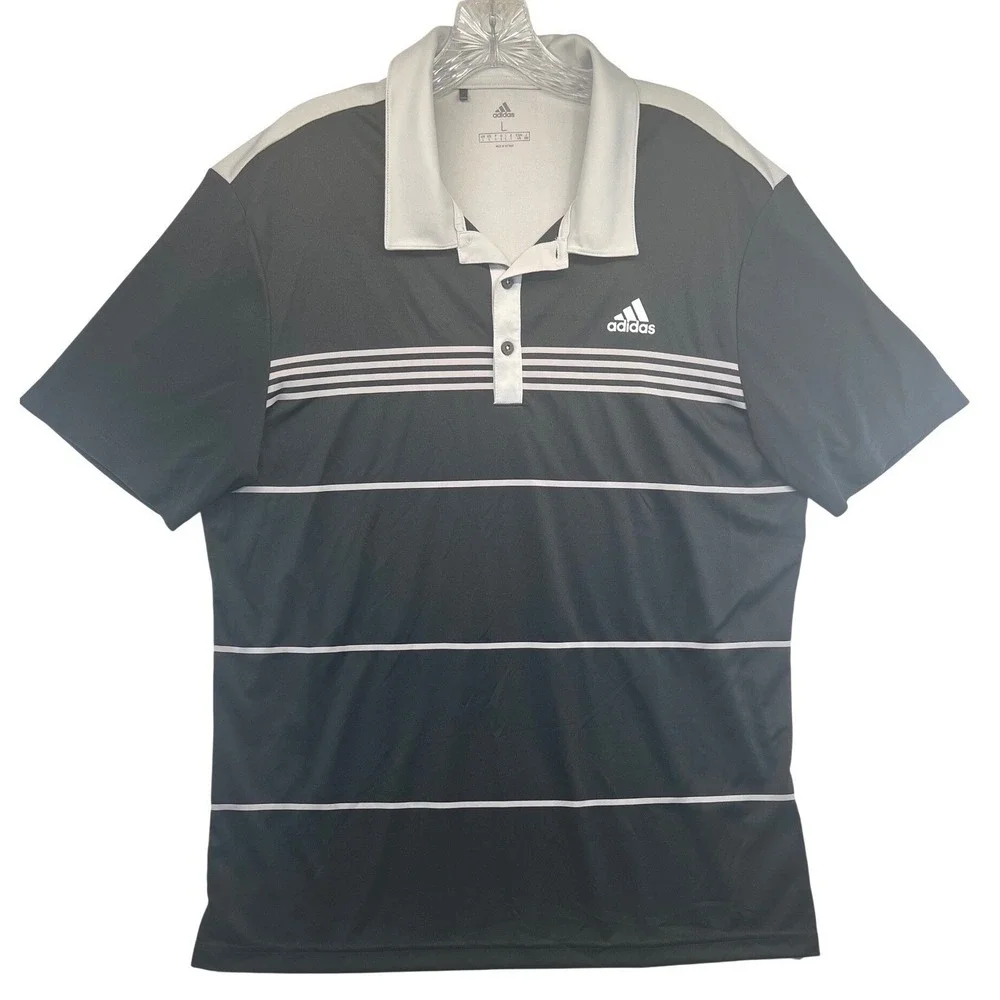 Adidas Golf Polo Shirt Mens Large Black Grey Striped Short Sleeve Performance